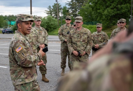 Maj. Gen. David Mikolaities, adjutant general of the New Hampshire National Guard, addresses soldiers from the 237th Military Police Company assigned to Task Force Security at the Nashua Police Department on June 6, 2020.