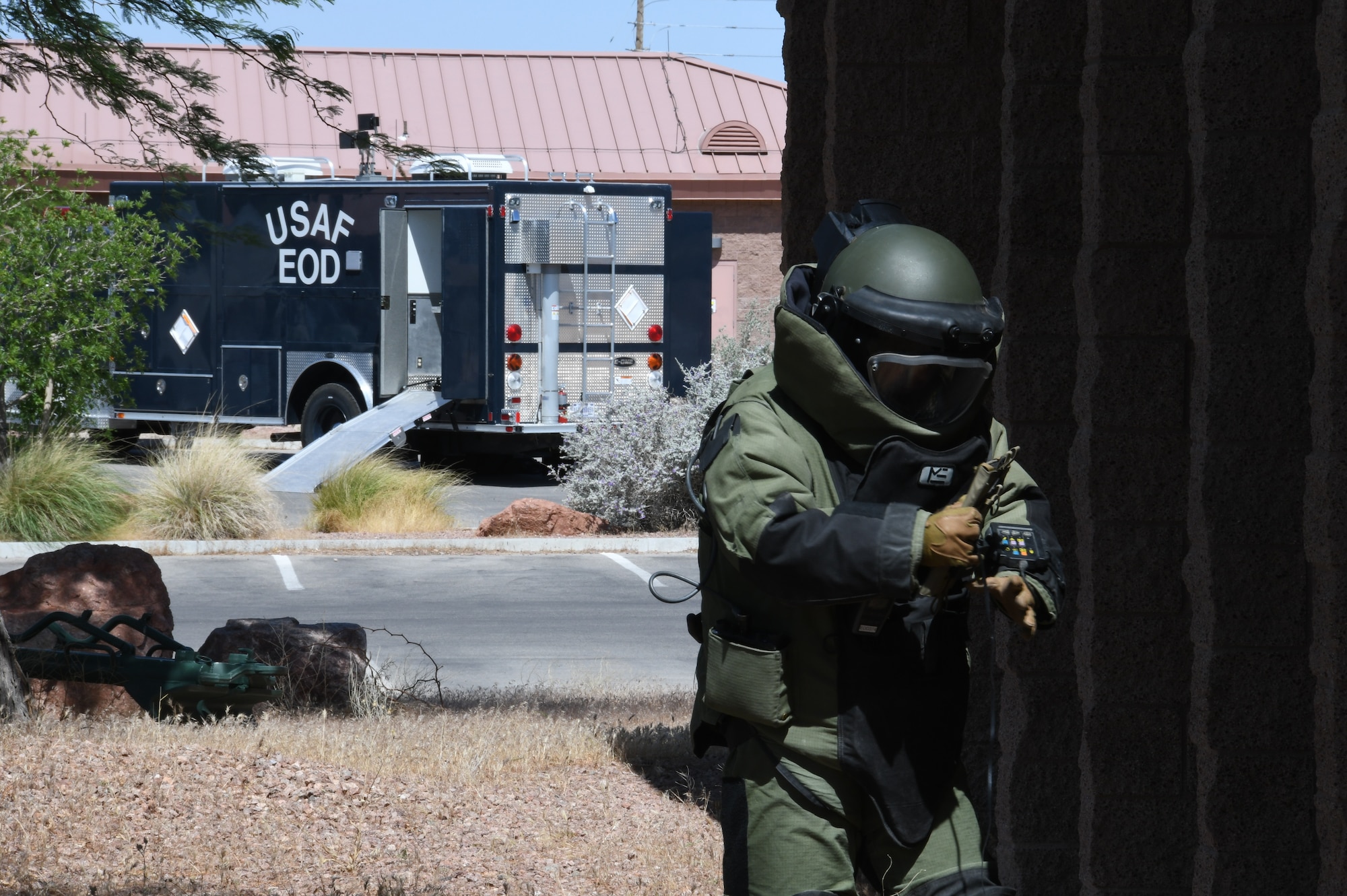 Master Sgt. Andrew Ueno, 926th Explosive Ordnance Disposal technician, trains in a stateside or permissive improvised explosive device response exercise June 6, 2020 at Nellis Air Force Base, Nevada.