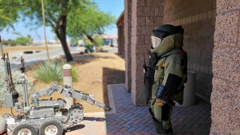 Master Sgt. Andrew Ueno, 926th Explosive Ordnance Disposal technician, trains in a stateside or permissive improvised explosive device response exercise June 6, 2020 at Nellis Air Force Base, Nevada.