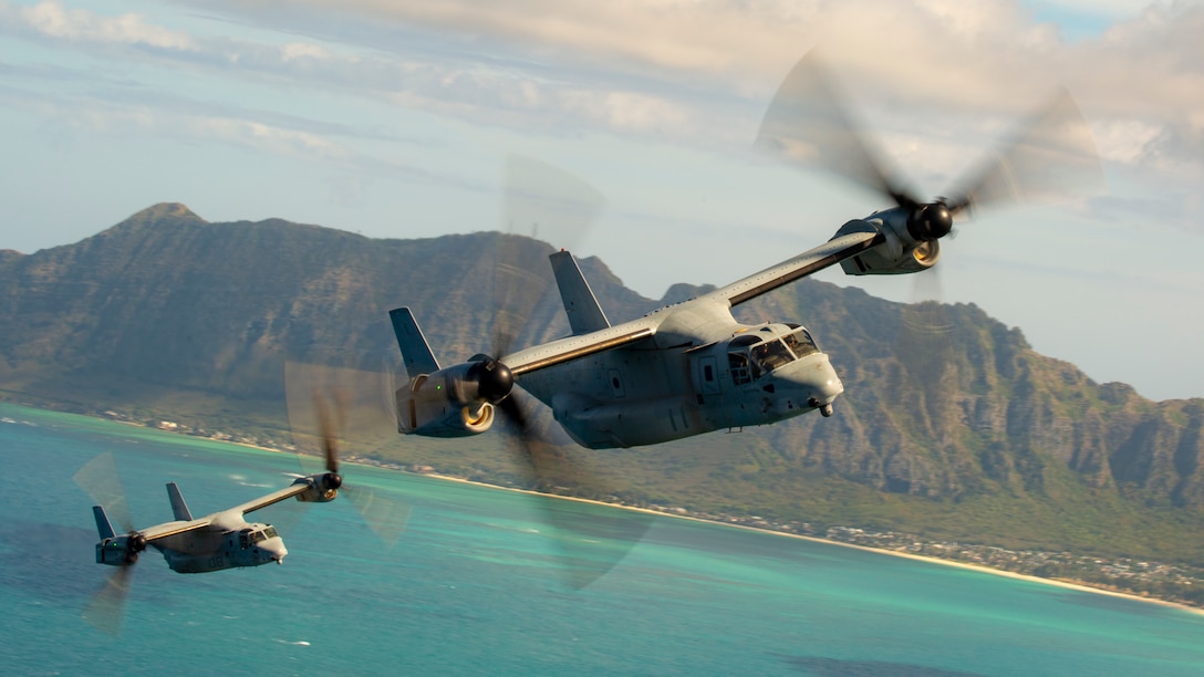 U.S. Marines conduct a flight training exercise with the MV-22B Osprey along the shores of Oahu, Hawaii, May 28th.