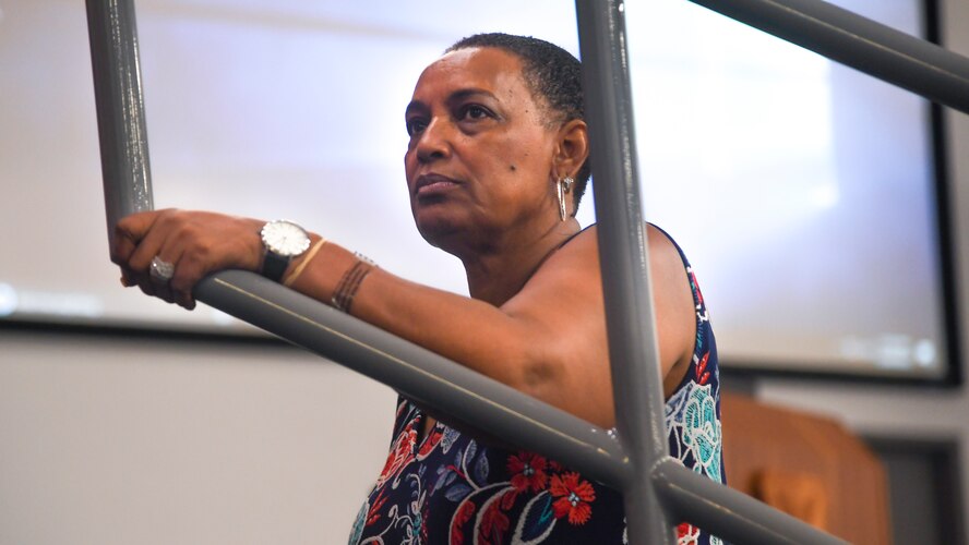 Janice Jones, 2nd Bomb Wing chief of protocol, stands and observes a practice run for the 96th Bomb Squadron’s change of command ceremony on Barksdale Air Force Base, La., May 28, 2020. Protocol members ensure visits, social and official events and award ceremonies are executed properly. (U.S. Air Force photo by Senior Airman Taylor Hunter)