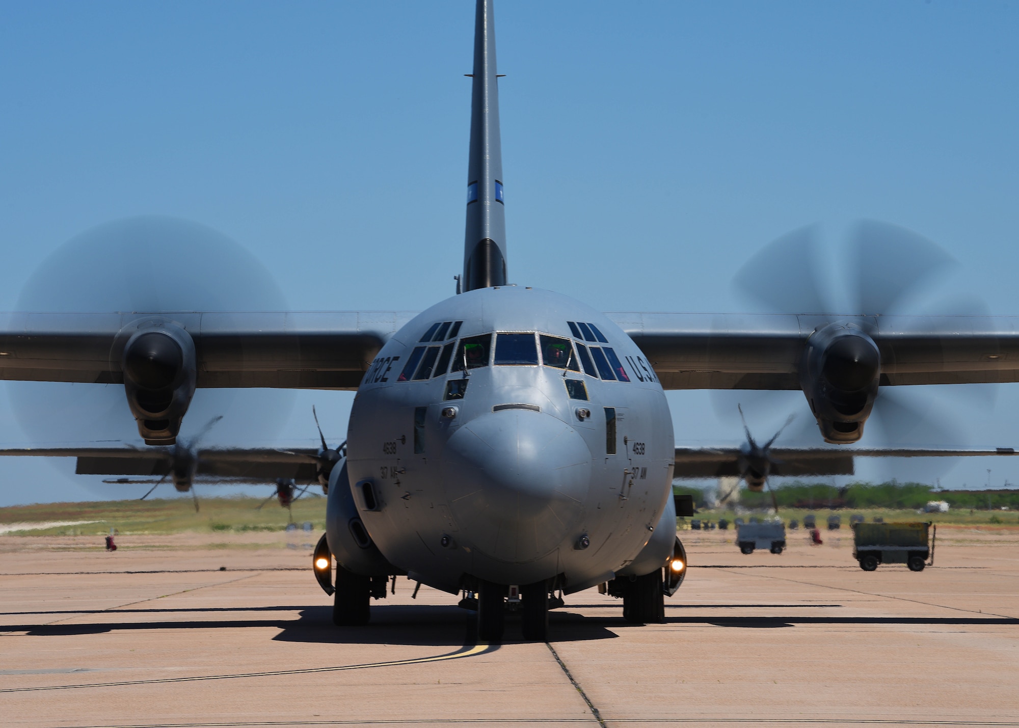 A C-130J Super Hercules prepares to depart Dyess Air Force Base, Texas, to participate in the U.S. Air Force Weapons School Joint Forcible Entry exercise June 6, 2020. The JFE exercise takes place at Nellis AFB, Nev. and is designed to be a large-scale air drop and land mobility mission. (U.S. Air Force photo by Senior Airman Mercedes Porter)