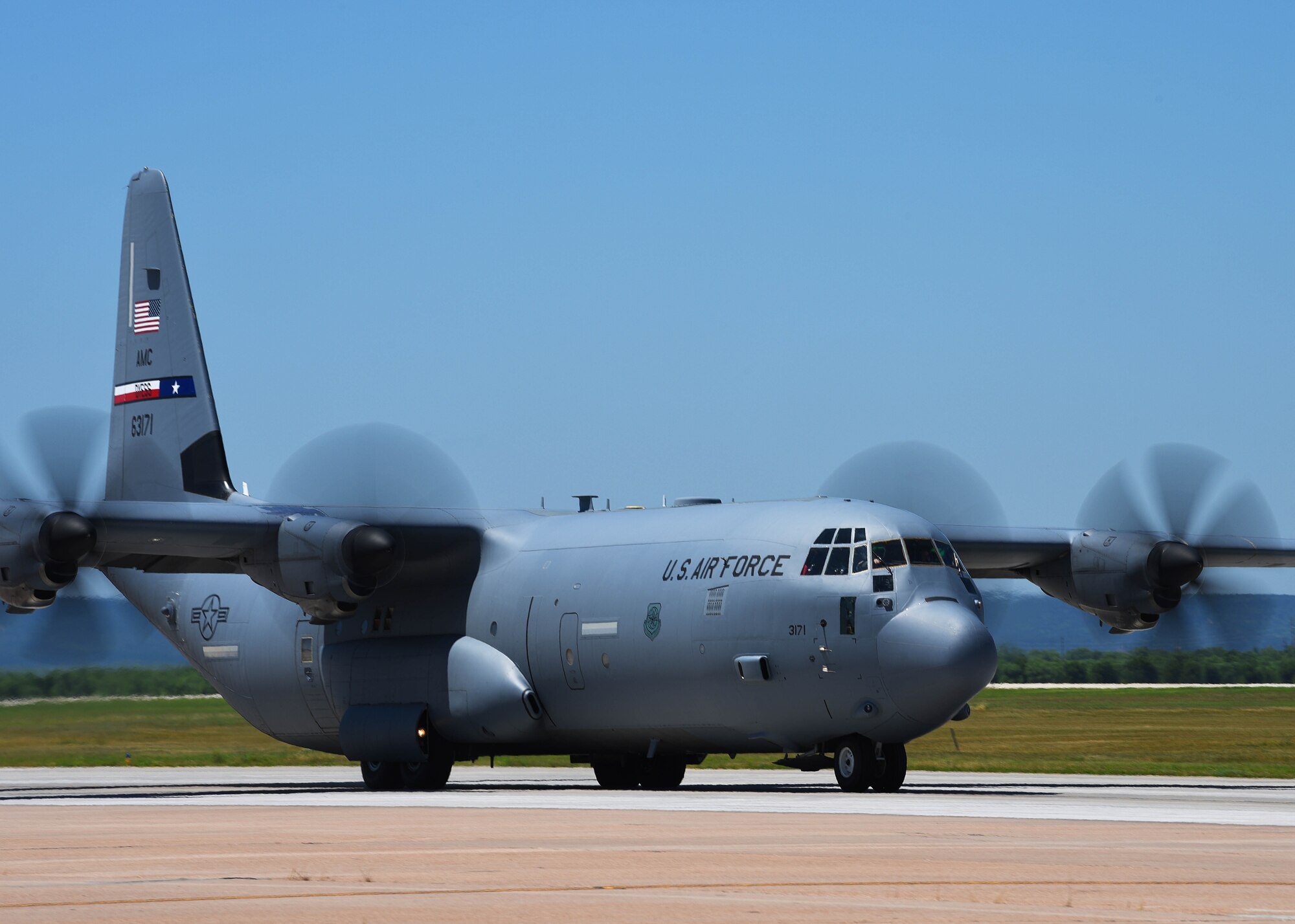 A C-130J Super Hercules prepares to depart Dyess Air Force Base, Texas, to participate in the U.S. Air Force Weapons School Joint Forcible Entry exercise June 6, 2020. The JFE exercise takes place at Nellis AFB, Nev. and is designed to be a large-scale air drop and land mobility mission. (U.S. Air Force photo by Senior Airman Mercedes Porter)