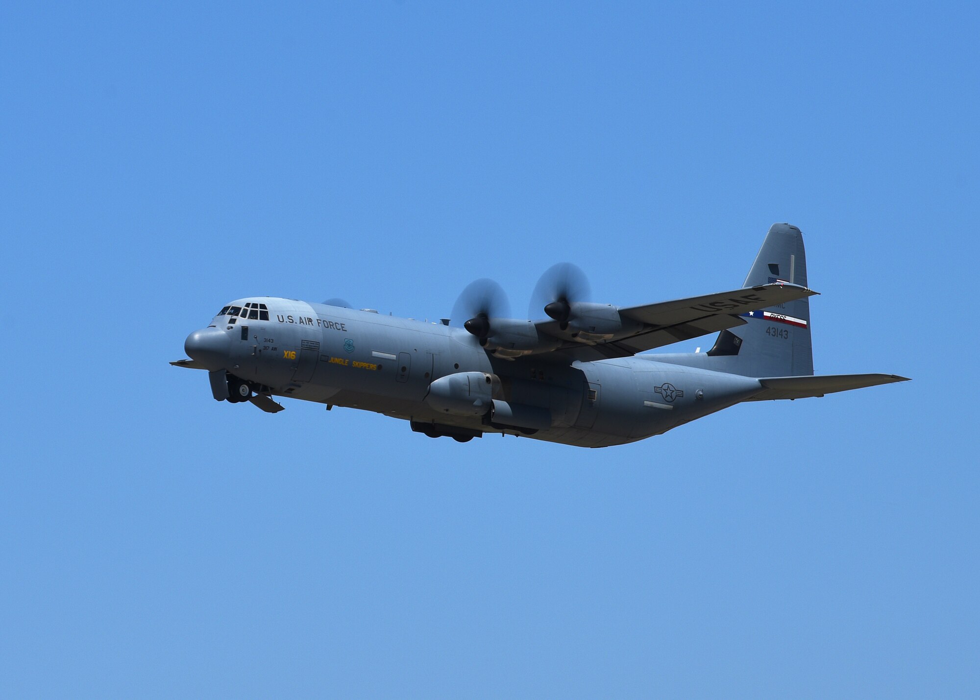 A C-130J Super Hercules takes off from the flightline at Dyess Air Force Base, Texas in preparation for an U.S. Air Force Weapons School Joint Forcible Entry exercise June 6, 2020. Approximately eight C-130J aircraft supported the JFE exercise at Nellis AFB, Nev., which is designed to be a large-scale air drop and land mobility mission. (U.S. Air Force photo by Senior Airman Mercedes Porter)