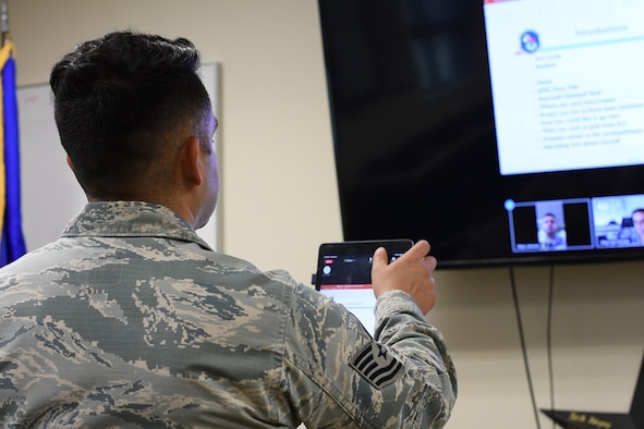 U.S. Air Force Tech. Sgt. Fransisco Jimenez, 17th Force Support Squadron Airman Leadership School  instructor, speaks with class 20-E via Zoom for Government in the Consolidated Learning Center, Goodfellow Air Force Base, Texas, June 4, 2020. Goodfellow’s ALS program made the switch to be purely online to meet the needs of the Air Force and follow safety guidelines put in place due to COVID-19. (U.S. Air Force photo by Senior Airman Zachary Chapman)