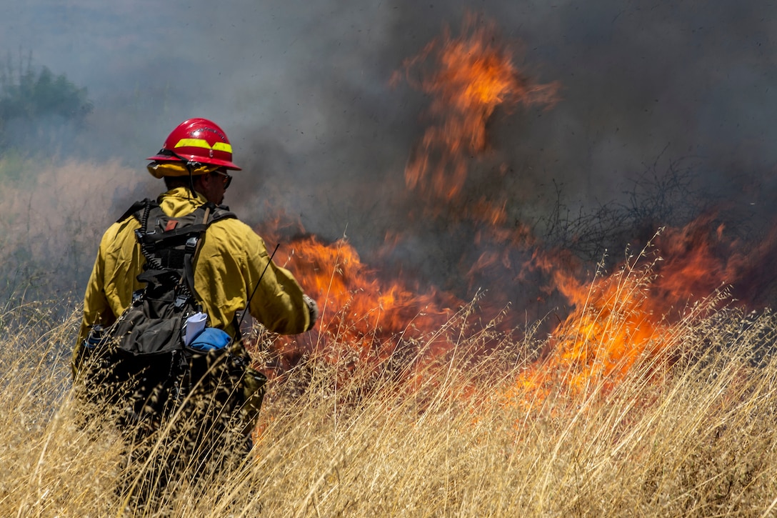 A man in a fireman's uniform stands in a field with flames burning in front of him.