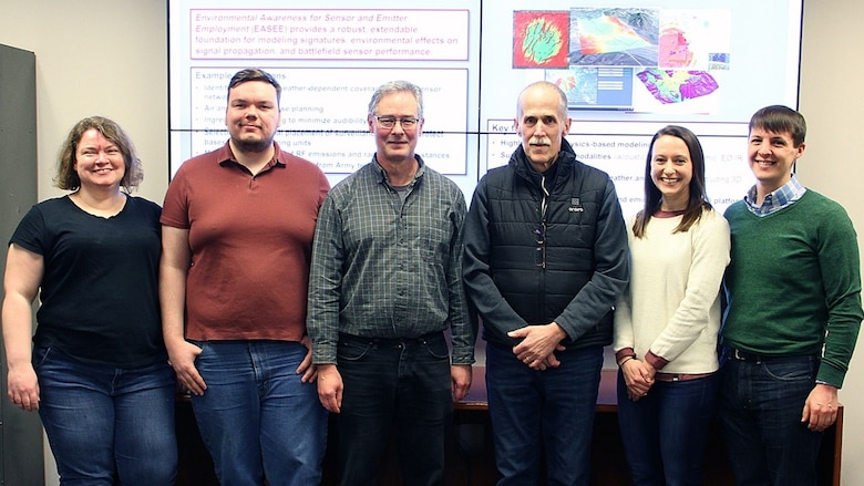 Led by Research Physical Scientist David “Keith” Wilson, Ph.D., third from left, his research team with CRREL’s Signature Physics Branch received a patent for their “System for Modeling Intelligent Sensor Selection and Placement” awarded July 2019. Team members included, from left, Rachel Romond, postdoctoral student; Jordan Bates, research computer scientist; Wilson; John Gagnon, retired civil engineering technician; Lauren Waldrop, computer scientist; and Matthew Kamrath, research physical scientist.