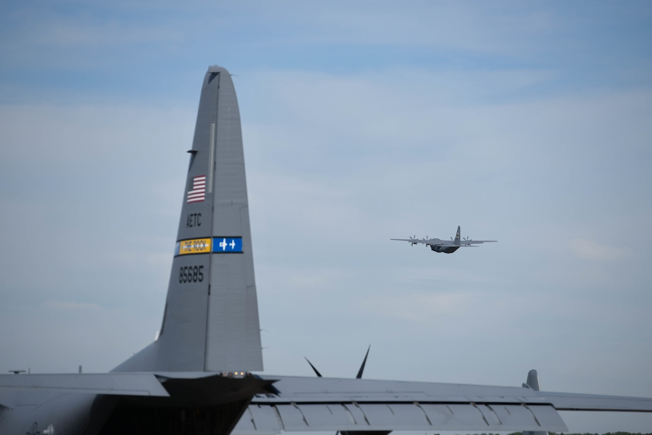 A C-130J Super Hercules taking off.