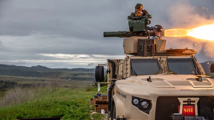 A U.S. Marine fires a TOW missile system during a live-fire demonstration at Range 204B on Marine Corps Base Camp Pendleton, Calif., April 7.