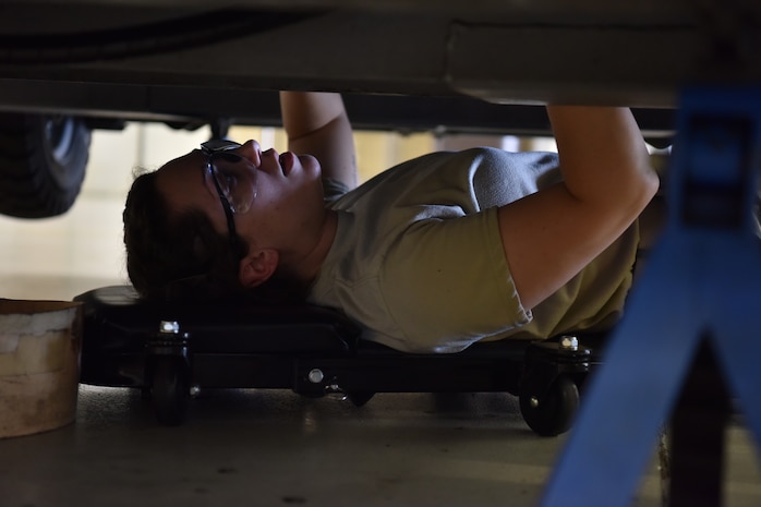 Airman 1st Class Michaela Gallegos, 437th Maintenance Squadron Aerospace Ground Equipment technician, replaces a filter on a universal hydraulic test stand at Joint Base Charleston S.C., June 3, 2020. Members of the 437th MXS accept, fix and maintain equipment used on aircraft and in back shops to do maintenance inspections in order to keep the flight line a more lethal and ready force.