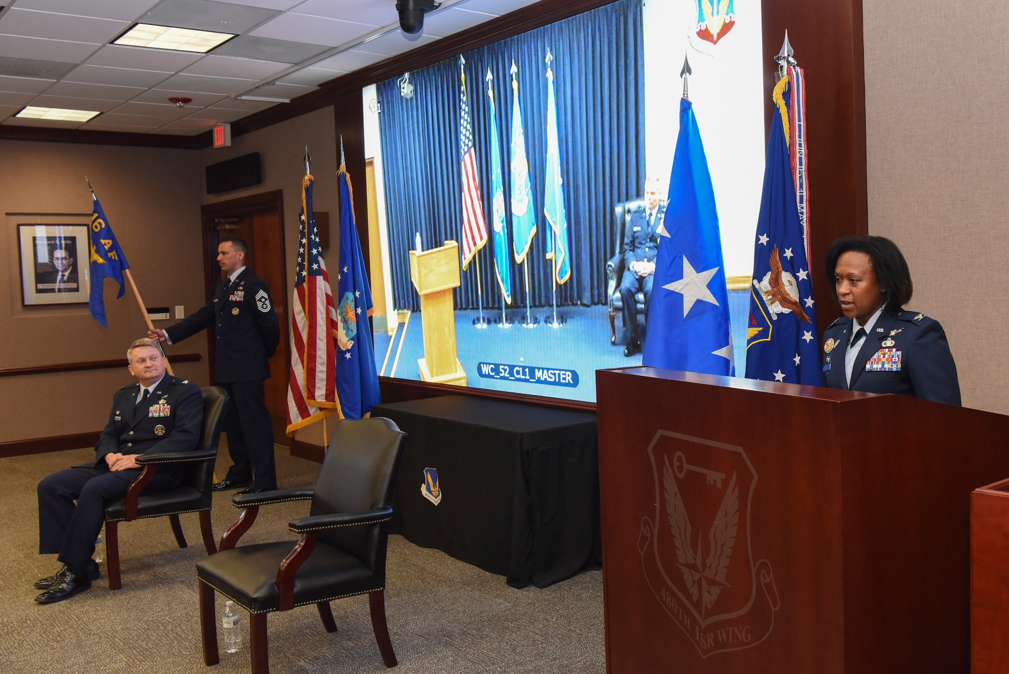 U.S. Air Force Col. Kayle Stevens, the new 480th Intelligence, Surveillance and Reconnaissance Wing commander, speaks to all the virtual attendees during the change of command ceremony at Joint Base Langley-Eustis, Va., June 9, 2020. Stevens will direct the wing's comprehensive set of ISR capabilities include lead wing designation for the Air Force Distributed Common Ground System, as well as national cryptologic, information technology, and tactical analysis. (U.S. Air Force photo by Tech. Sgt. Darnell T. Cannady)