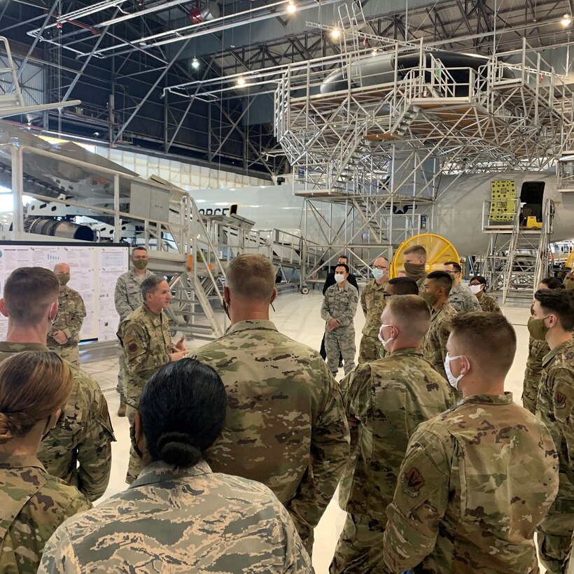 Gen. David L. Goldfein, Chief of Staff of the Air Force, meets with members of the 552nd Air Control Wing to discuss ongoing issues of racial inequality in the Air Force at Tinker Air Force Base June 8. This portion of his visit included mission briefs with the 552nd Maintenance Group and 966th Airborne Air Control Squadron on operation impact by COVID-19. (U.S. Air Force photo by Jonathan Stock)