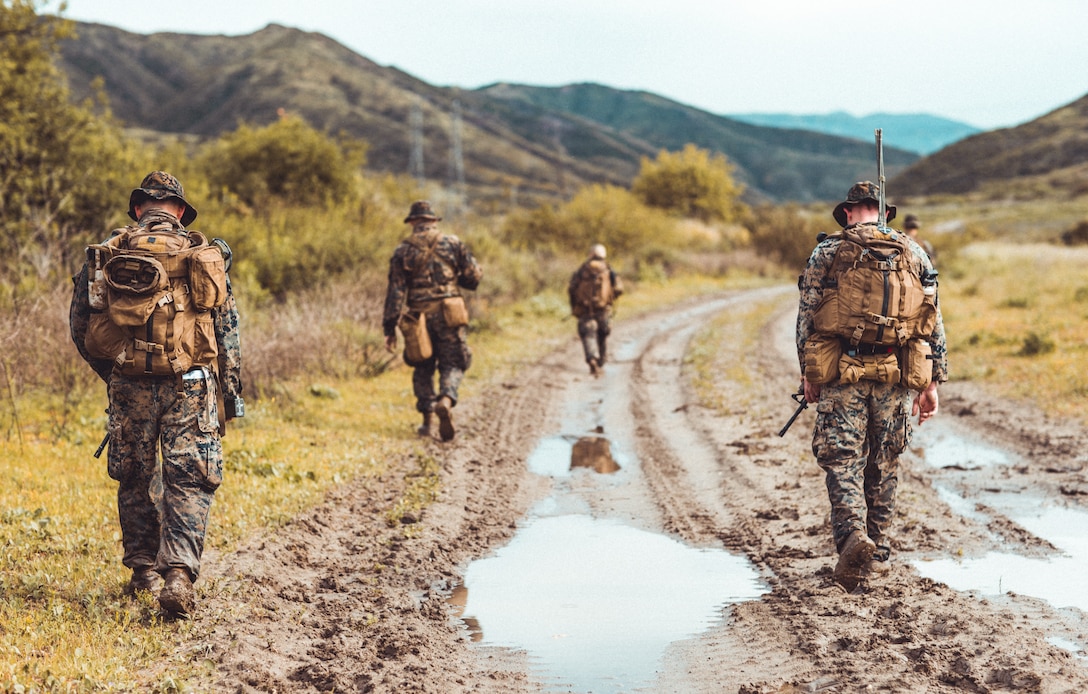 U.S. Marines participate in a foot patrol during a brigade platoon field exercise on Marine Corps Base Camp Pendleton, Calif., April 7.