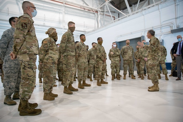 Gen. David L. Goldfein, Chief of Staff of the Air Force, meets with members of the 552nd Air Control Wing to discuss ongoing issues of racial inequality in the Air Force at Tinker Air Force Base June 8. This portion of his visit included a brief on the wing’s actions to fight COVID-19 and maximize its warfighting edge. (U.S. Air Force photo by 2nd Lt. Danny Rangel)