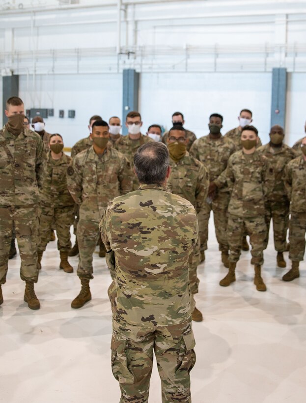 Gen. David L. Goldfein, Chief of Staff of the Air Force, meets with members of the 552nd Air Control Wing to discuss ongoing issues of racial inequality in the Air Force at Tinker Air Force Base June 8. This portion of his visit included a brief on the wing’s actions to fight COVID-19 and maximize its warfighting edge. (U.S. Air Force photo by 2nd Lt. Danny Rangel)