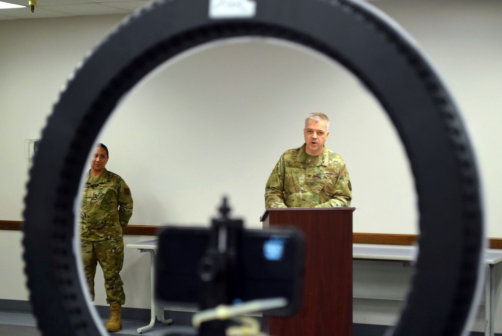 Col. Wayne M. Williams, 433rd Mission Support Group commander, delivers his remarks during a change of command ceremony at Joint Base San Antonio-Lackland, Texas, June 6, 2020.
