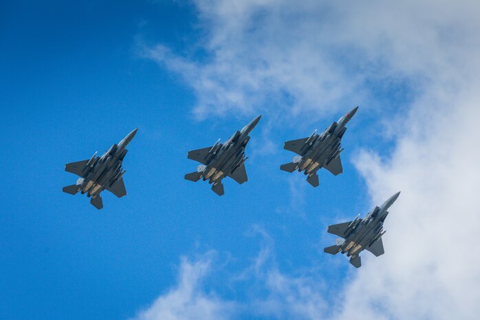 F-15E Strike Eagles fly over the Onslow Memorial Hospital, Jacksonville, N.C., May 1.