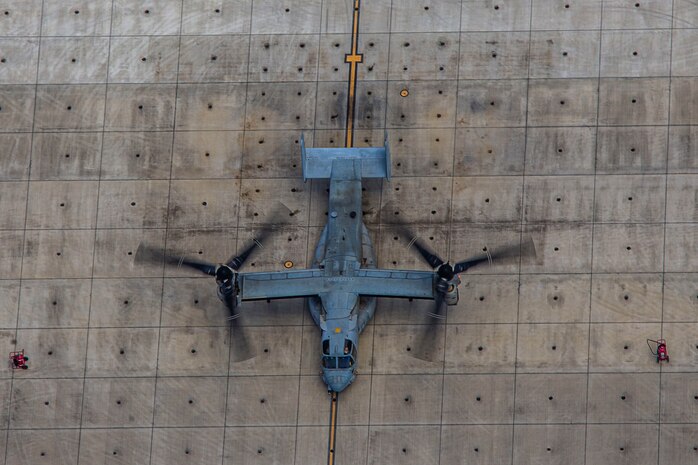 U.S. Marines prepare an MV-22B Osprey for takeoff prior to conducting a training exercise on Marine Corps Base Hawaii, May 28.