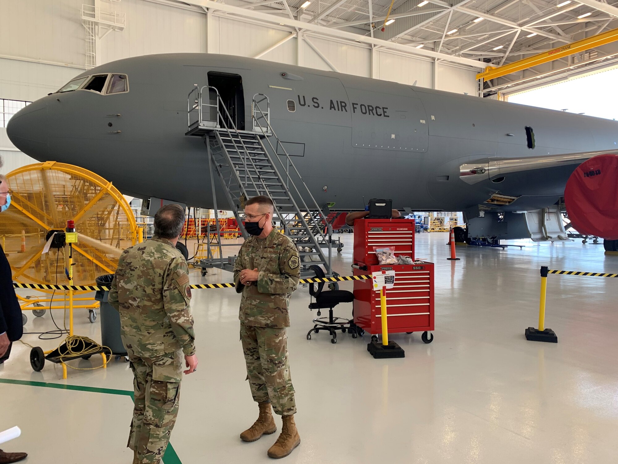 Gen. David L. Goldfein, Chief of Staff of the Air Force, meets with 76th Aircraft Maintenance Group Commander Col. Gregory Lowe at the KC-46A Pegasus campus to observe firsthand the operational and financial impacts to sustainment due to COVID-19. (U.S. Air Force photo by Jonathan Stock)