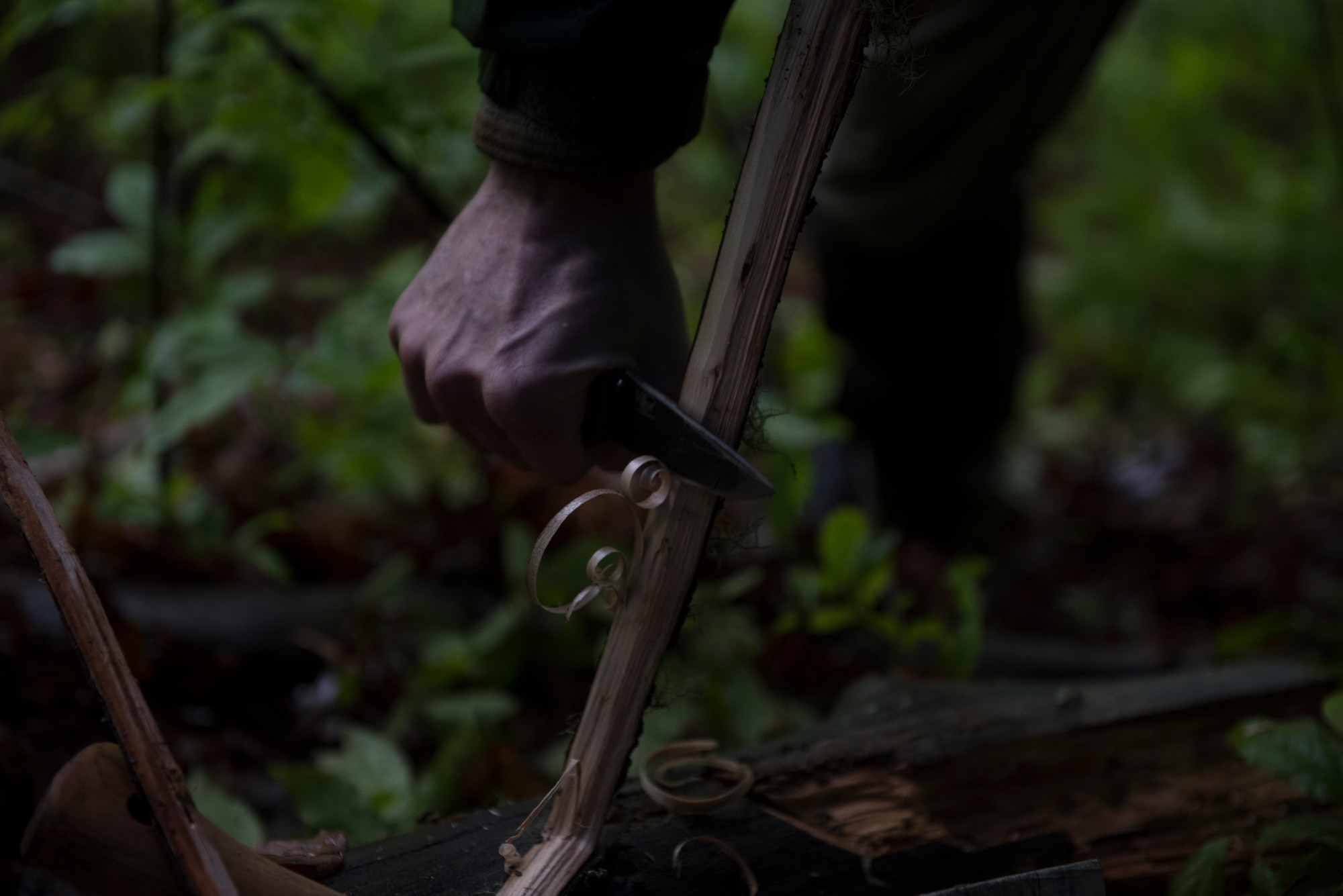 Tech. Sgt. Joshua Krape, 4th Operations Support Squadron survival, evasion, resistance and escape specialist, demonstrates how to make kindling in a wet environment, near Brevard, North Carolina, May 20, 2020. Krape instructed five Airmen during a three-day SERE augmentee course. (U.S. Air Force photo by Senior Airman Kenneth Boyton)