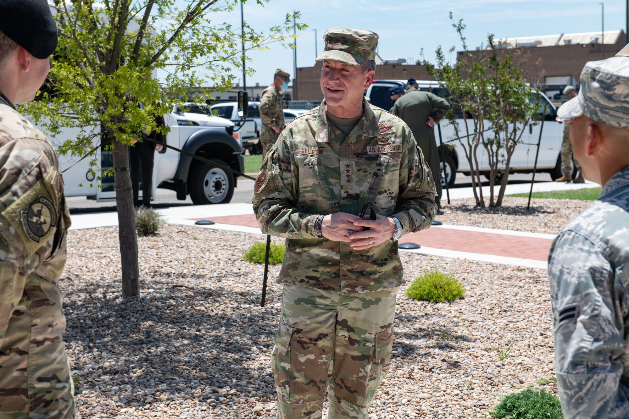 Air Force Chief of Staff Gen. David L. Goldfein speaks to Airmen after a coining ceremony in front of the Minuteman Memorial at Will Rogers Air National Guard Base on June 8, 2020, in Oklahoma City. The Airmen were nominated to receive a coin based on outstanding conduct and performance in their Guard careers, and Goldfein took the time to speak with each recipient after the ceremony.