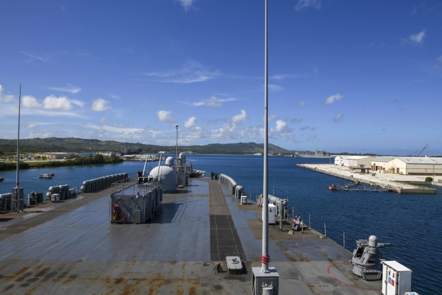 U.S. 7th Fleet flagship USS Blue Ridge (LCC 19), her crew and embarked 7th Fleet staff, prepare to enter port in Naval Base, Guam, for Blue Ridge's second Safe Haven Liberty June 11, 2020. Blue Ridge is the oldest operational ship in the Navy and, as 7th Fleet command ship, actively works to foster relationships with allies and partners in the Indo-Pacific region.