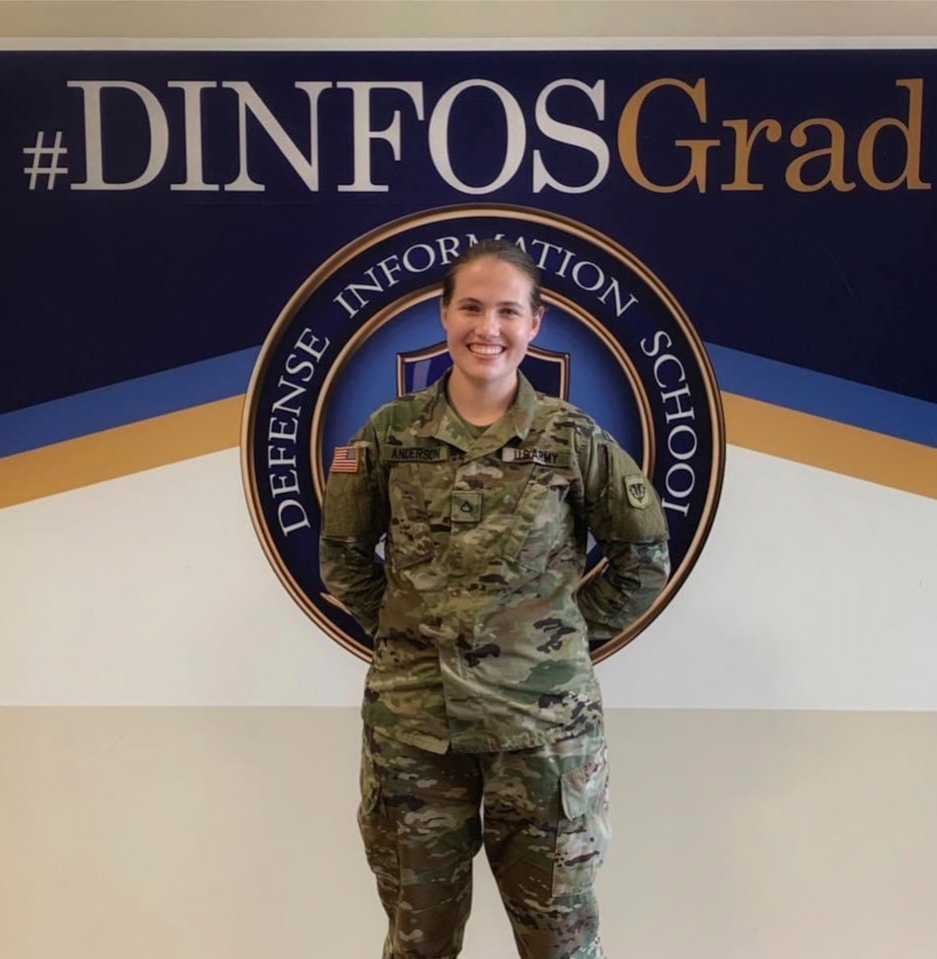 Spc. Emma Anderson after graduating from the Defense Information School at Fort Meade, Md., July 12, 2019. Anderson is activated in support of the state’s response to COVID-19 and is a recent graduate of the University of Wisconsin -  Green Bay with a Bachelor’s of Science in Education.