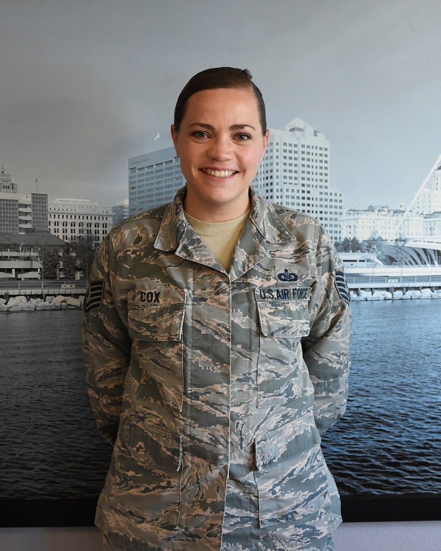 Tech. Sgt. Bridget Cox poses for a photo while activated in support of the state’s response to COVID-19 in Milwaukee, Wis., May 29, 2020. Cox is a medical technician with the Guard and a recent graduate of the University of Wisconsin - Whitewater.