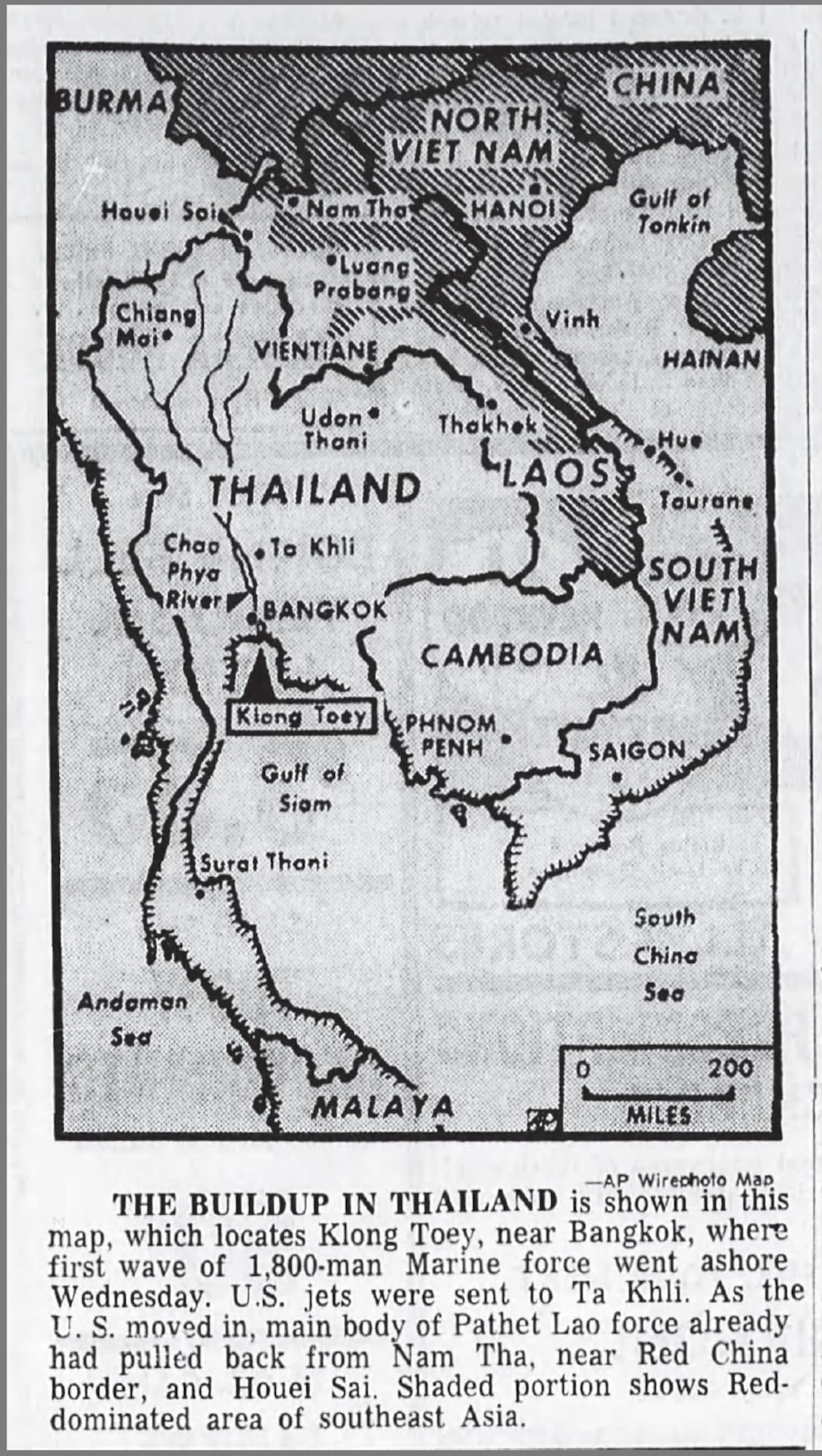 This May 17, 1962, newspaper article highlights the Communist controlled portions of Southeast Asia. (Courtesy Asheville Citizen-Times)