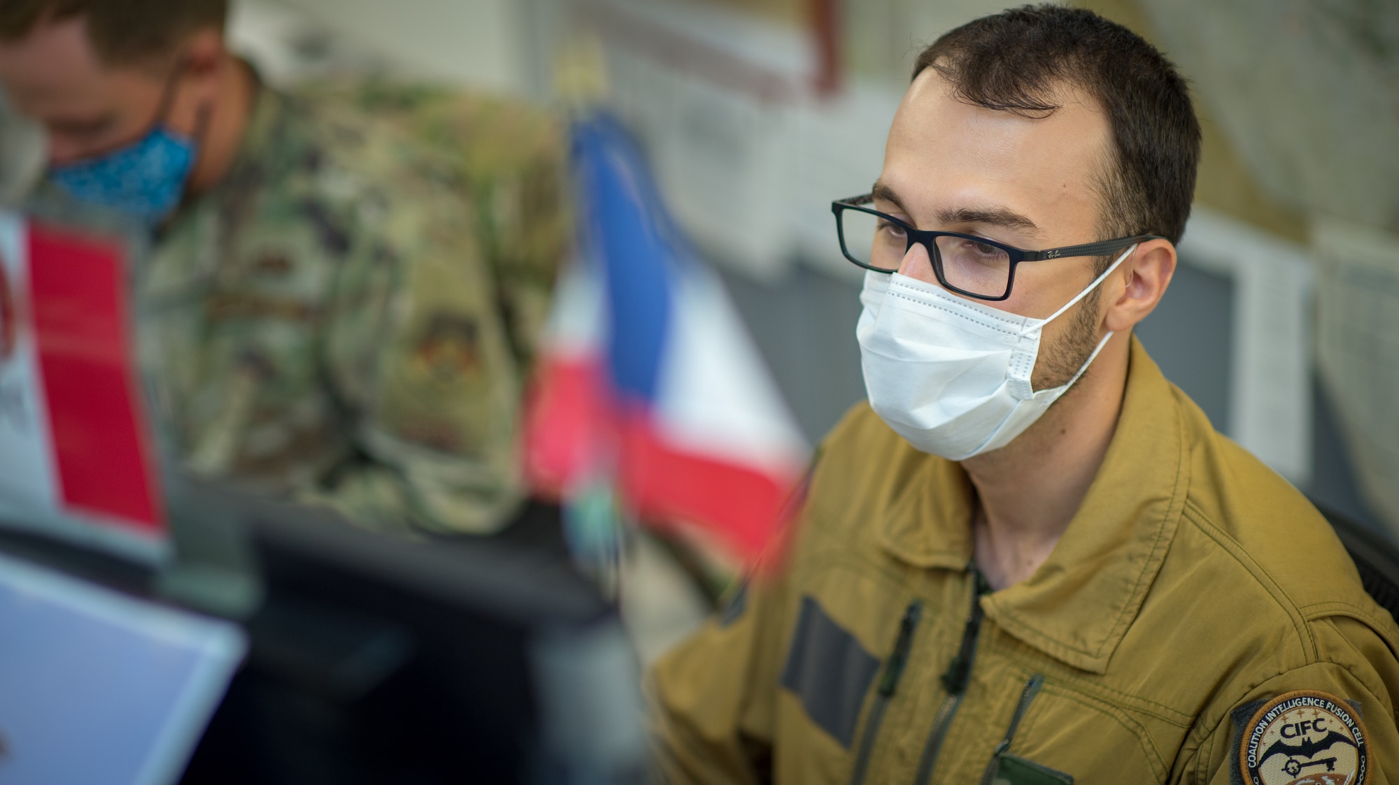 U.S. Air Force 2nd Lt. Kyle Hefner and French Naval Lt. j.g, Octave, targeeteers assigned to the Coalition Intelligence Fusion Cell, 609th Air Operations Center, U.S. Air Forces Central Command, Al Udeid Air Base, Qatar, collaborate daily to provide intelligence support. Targeeters are specially trained to analyze a target and develop solutions to support the commander’s objectives