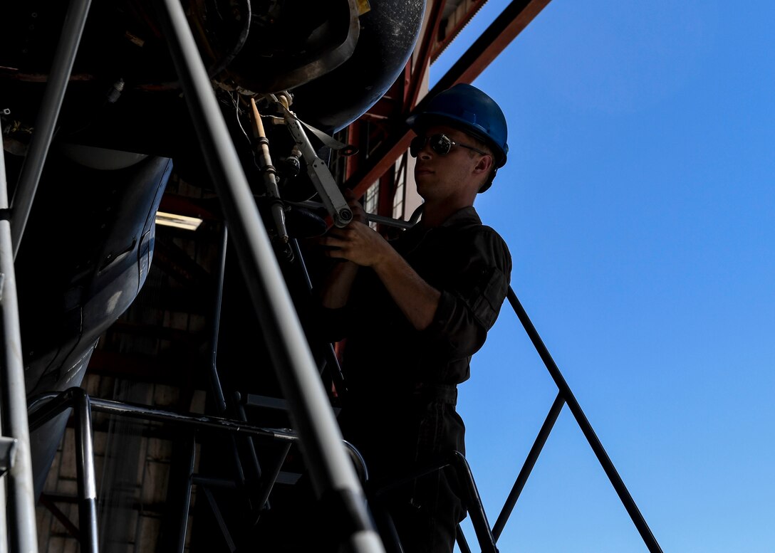 An Airman works on an aircraft.