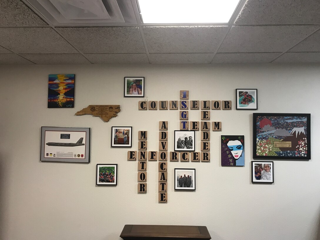 In the office of the 5th Force Support Squadron First Sergeant, Master Sgt. Lakisha Brown, hangs a scrabble anagram based off the word “1Sgt.” It contains the words counselor, team, leader, enforcer, mentor and advocate.