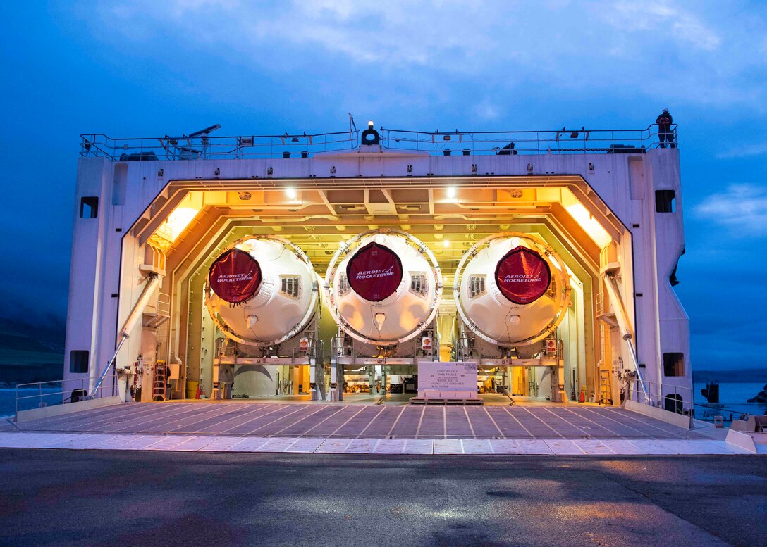 The hatch opens on a United Launch Alliance barge, known as the RocketShip,