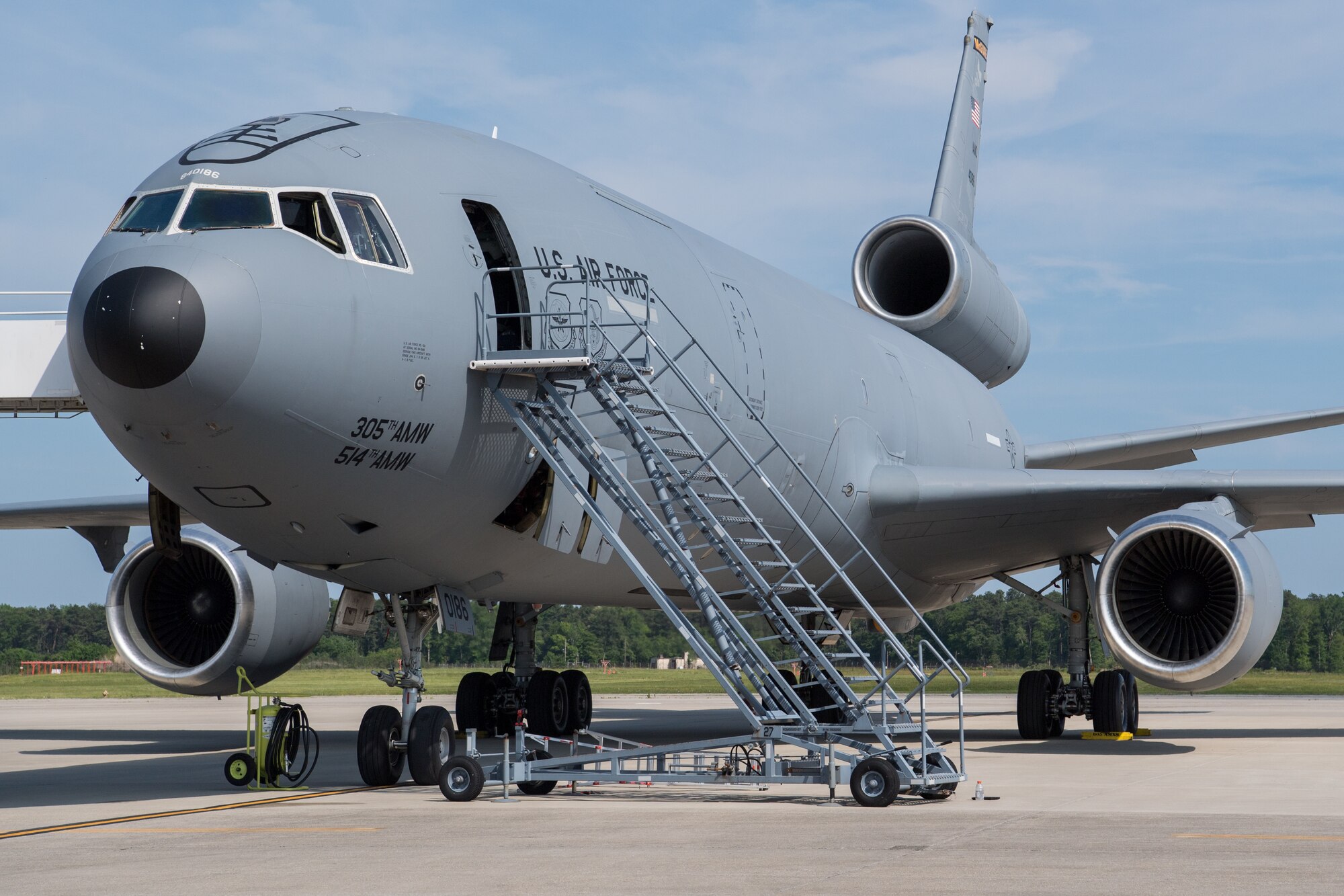 A U.S. Air Force KC-10 Extender operated by the 514th Air Mobility Wing sits on the flightline at Joint Base McGuire-Dix-Lakehurst, N.J., June 10, 2020.