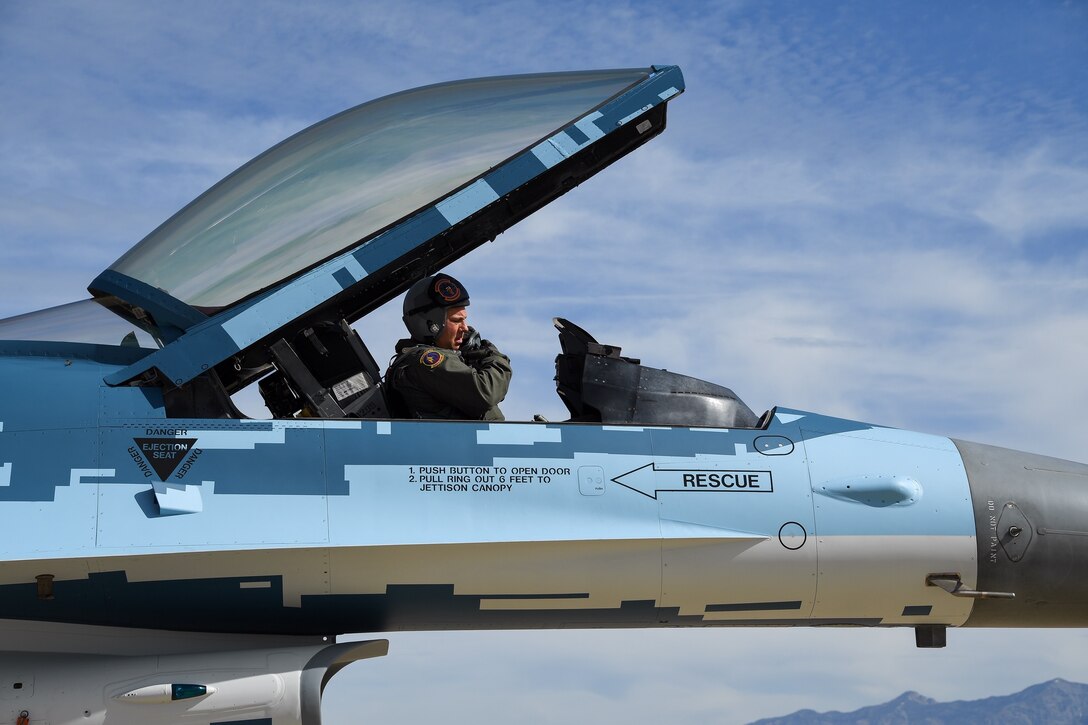 Pilot Lt. Col. Beau Wilkins, 514th Flight Test Squadron, prepares to launch an F-16 Fighting Falcon with a "ghost" paint scheme at Hill Air Force Base, Utah, June 3, 2020. (U.S. Air Force photo by R. Nial Bradshaw)
