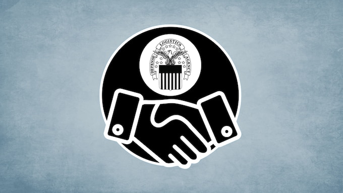 A simplified illustration of two hands shaking with the DLA emblem above them