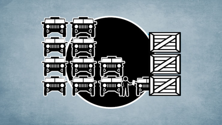 A simplified illustration of stacks of military vehicles being packaged into crates