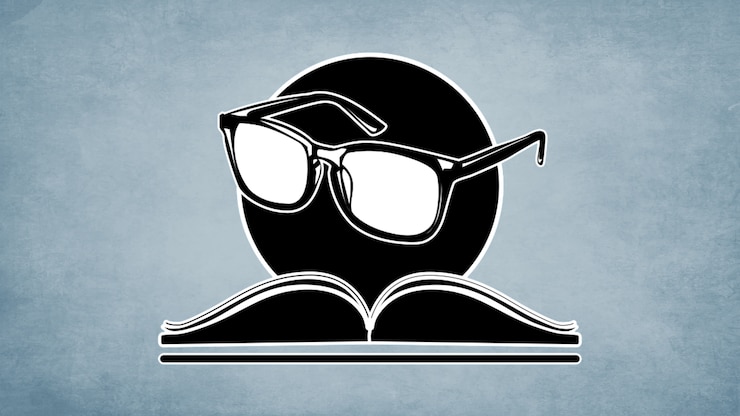 A simplified illustration of a pair of glasses over an open book