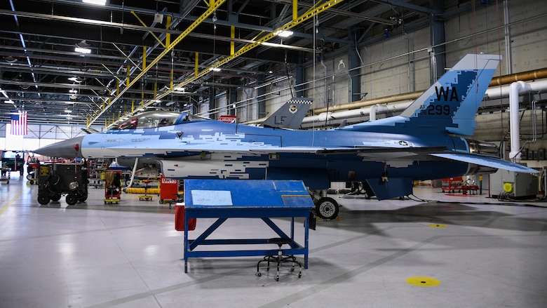 An F-16 Fighting Falcon with a "Ghost" paint scheme undergoes maintenance at Hill Air Force Base, Utah, May 28, 2020. (U.S. Air Force photo by R. Nial Bradshaw)