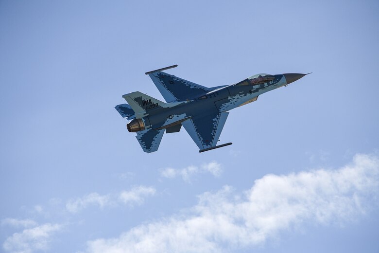 An F-16 Fighting Falcon with a "ghost" paint scheme departs Hill Air Force Base, Utah, for Nellis Air Force Base, Nev., June 3, 2020. (U.S. Air Force photo by R. Nial Bradshaw)