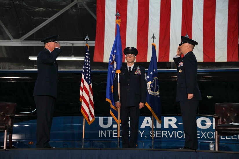 Col. Tyler Schaff assumes command of the 316th Wing and Joint Base Andrews at Hangar 3 on JBA, Md., June 11, 2020. Schaff now oversees approximately 2,500 Airmen, Department of Defense civilians and contractors in the 316th Wing. He will also serve as installation commander to JBA; home to two higher headquarters, six wings, more than 80 tenant organizations and an estimated 17,000 personnel. (U.S. Air Force photo by Airman 1st Class Spencer Slocum)