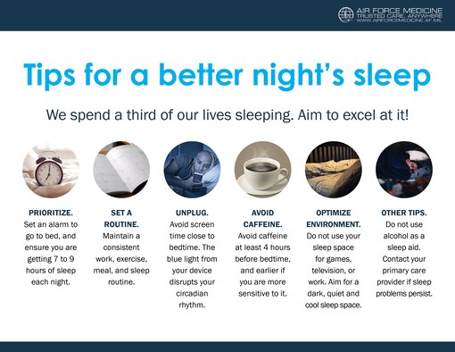 Sleep is a vital component to overall health and readiness. There are several things Airmen can do to improve their sleep habits, including setting an alarm for bed, avoiding screens that emit disruptive blue light, and avoiding caffeine several hours before bedtime. (U.S. Air Force graphic)