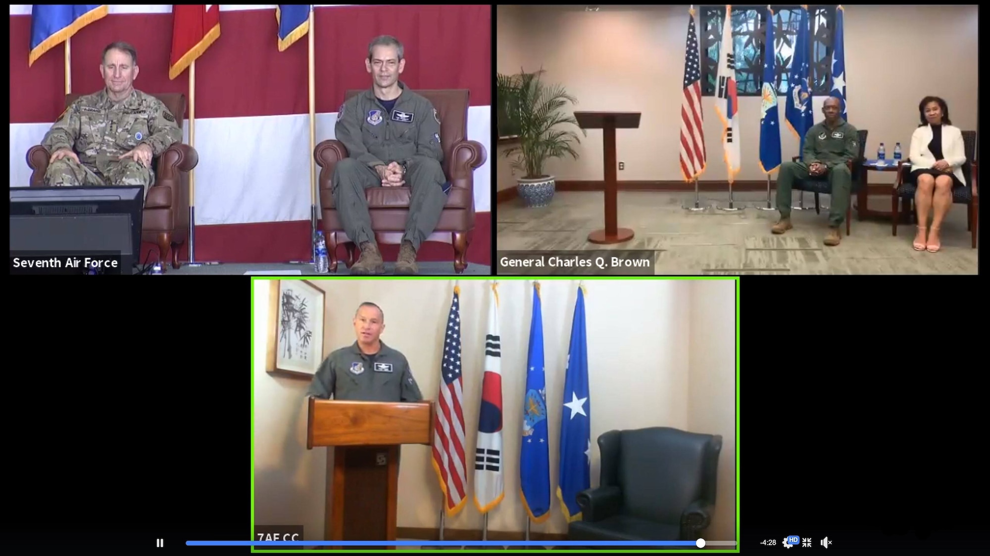 Lt. Gen. Scott L. Pleus, Seventh Air Force commander, gives a virtual speech as Gen. Robert “Abe” Abrams, Commander, United Nations Command/Combined Forces Command/United States Forces Korea, Lt. Gen. Kenneth S. Wilsbach, Gen. CQ Brown, Jr., Commander, Pacific Air Forces, and audience members online and at the ceremony at Osan Air Base, ROK, listen June 12, 2020.  Pleus assumed command of the Air Component Command and Seventh Air Force and assumed responsibility as the deputy commander of United States Forces Korea. (U.S. Air Force illustration by Staff Sgt.Benjamin Bugenig)