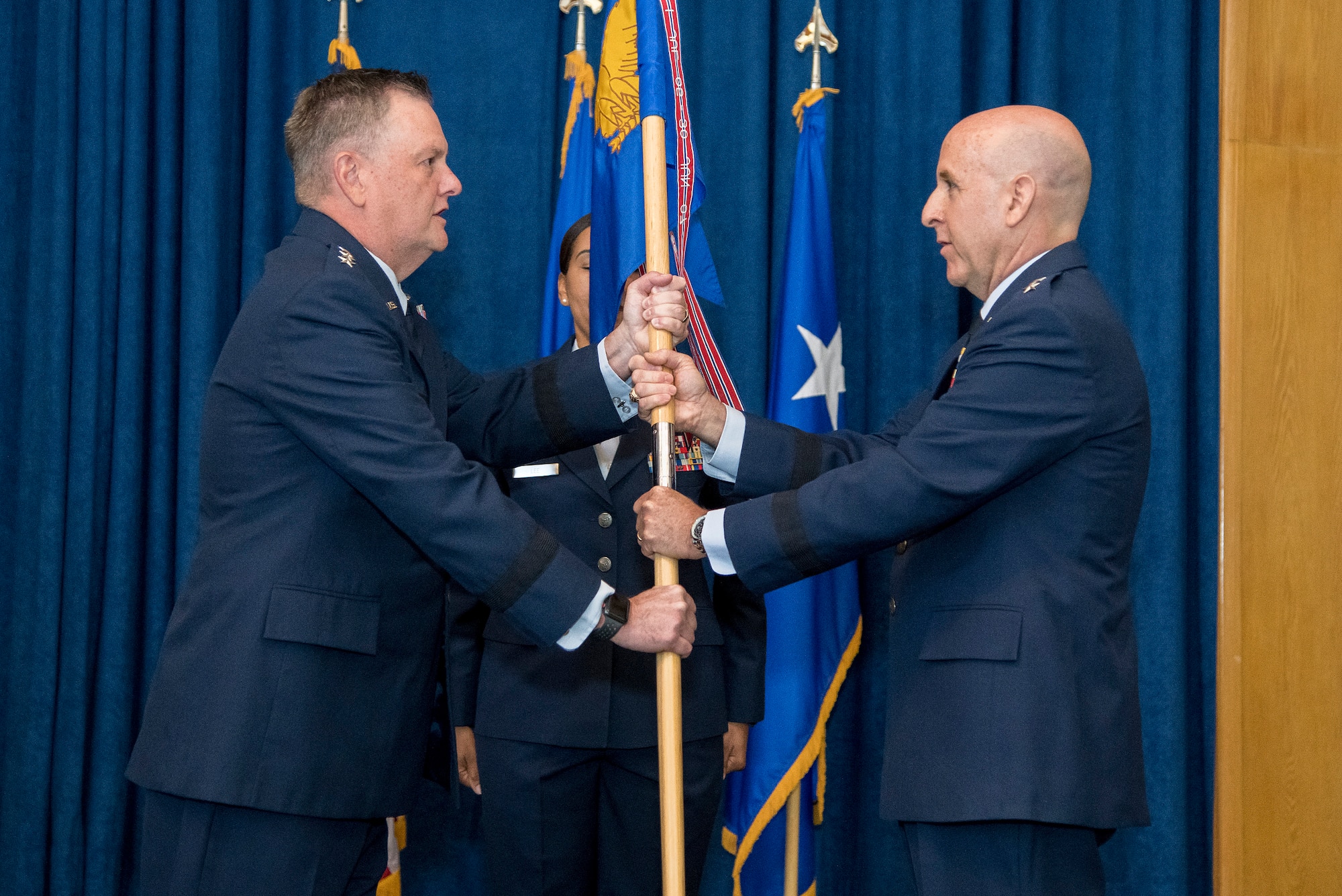 Maj. Gen. Edward Thomas, Jr., takes command of Air Force Recruiting Service from Lt. Gen. Marshall "Brad" Webb, commander, Air Education and Training Command in a ceremony at Joint Base San Antonio-Randolph, Texas,  June 11, 2020.
