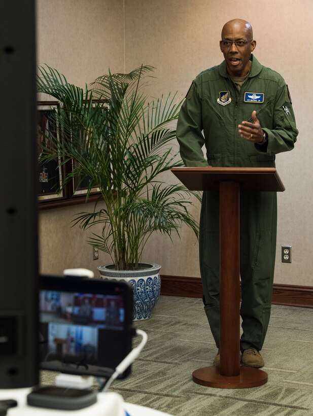 Gen. CQ Brown, Jr., Pacific Air Forces commander, gives remarks during the Seventh Air Force change of command from Joint Base Pearl Harbor-Hickam, Hawaii, June 11, 2020. Brown attended the ceremony virtually due COVID-19 mitigation measures. (U.S. Air Force photo by Staff Sgt. Hailey Haux)