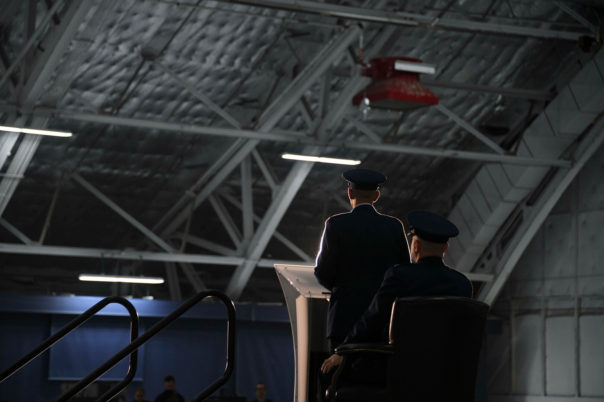 Col. Andrew Purath speaks following his relinquishing of command of Joint Base Andrews and the 11th Wing during a change of command ceremony held at Hangar 3 on JBA, Md., June 11, 2020. Purath is heading onward to Scott Air Force Base, Illinois, where he will serve as the vice commander of the 618th Air Operations Center under the Air Mobility Command's 18th Air Force. (U.S. Air Force photo by Airman 1st Class Spencer Slocum)