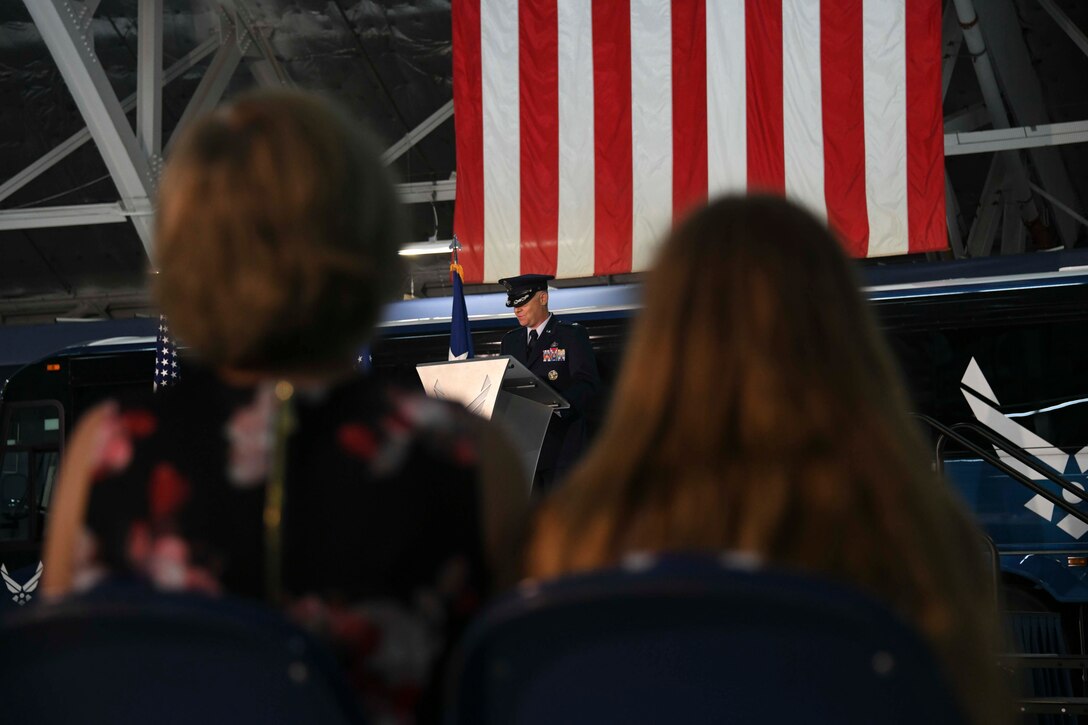 Col. Tyler Schaff, 316th Wing commander, speaks after assuming command of the 316th Wing and Joint Base Andrews at Hangar 3 on JBA, Md., June 11, 2020. Schaff now oversees approximately 2,500 Airmen, Department of Defense civilians and contractors in the 316th Wing. Schaff will also serve as installation commander to JBA; home to two higher headquarters, six wings, more than 80 tenant organizations and an estimated 17,000 personnel. (U.S. Air Force photo by Airman 1st Class Spencer Slocum)