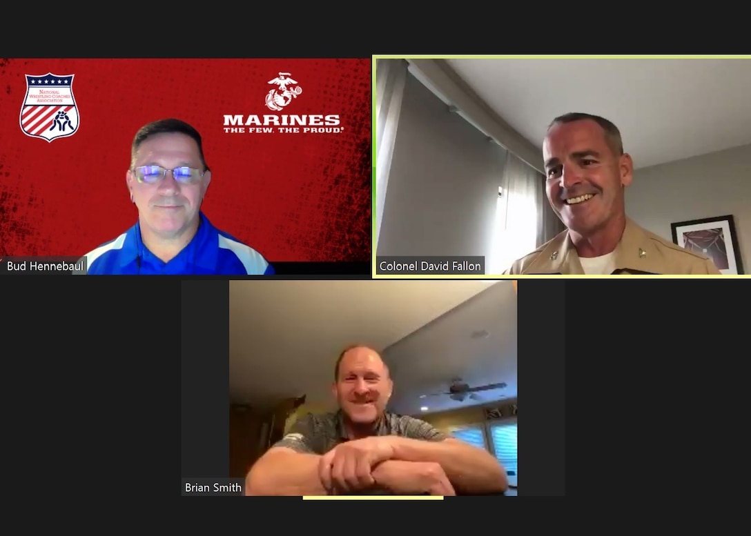 Bud Hennebaul, the scholastic leadership academy director for the National Wrestling Coaches Association, Col. David Fallon, the commanding officer of 9th Marine Corps District, and Brian Smith, the head wrestling coach for the University of Missouri, speak during a NWCA online webinar held June 10, 2020. The webinar, titled “Marines and Wrestling: Developing the Next Great American Generation,” was part of NWCA’s scholastic wrestling webinar series sponsored by the United States Marine Corps. The series is designed for ongoing coaching development and to inform coaches and influencers of opportunities to involve Marines in their programs. (Marine Corps photo by Cpl. Naomi May)