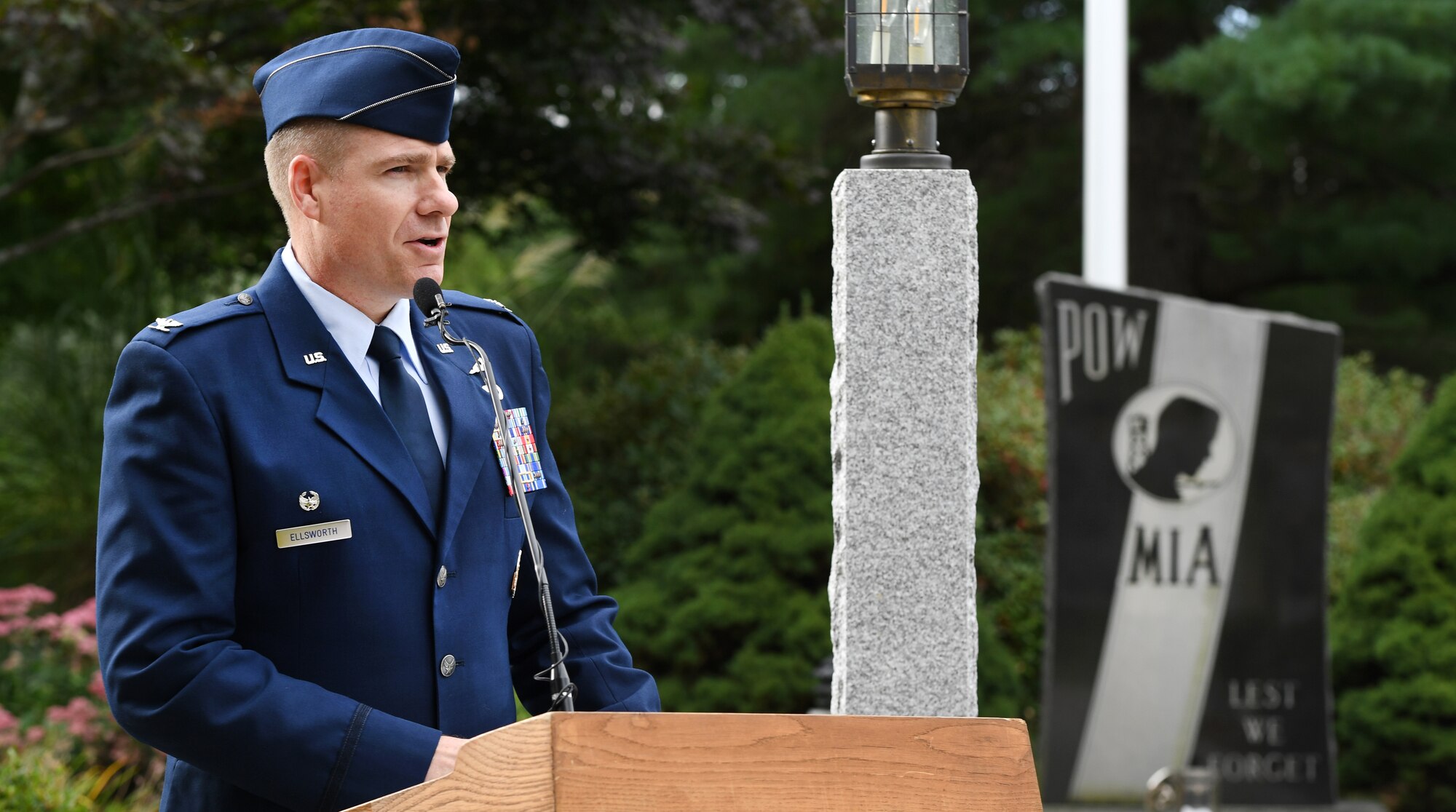 Col. Chad Ellsworth, installation commander, speaks during a POW/MIA Recognition Day ceremony at Hanscom Air Force Base, Mass., in 2018. Ellsworth will relinquish command of the 66th Air Base Group this month and move onto his next Air Force assignment. (U.S. Air Force photo by Todd Maki)