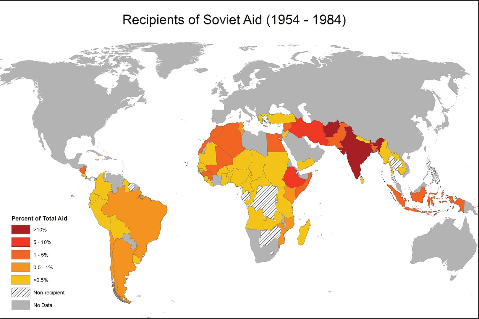 Map showing recipients of Soviet aid, 1954 – 1984. (AidData, Gerda Asmus, Andreas Fuchs, Angelika Müller, and Soren
Patterson. Data from CIA and OECD-DAC)